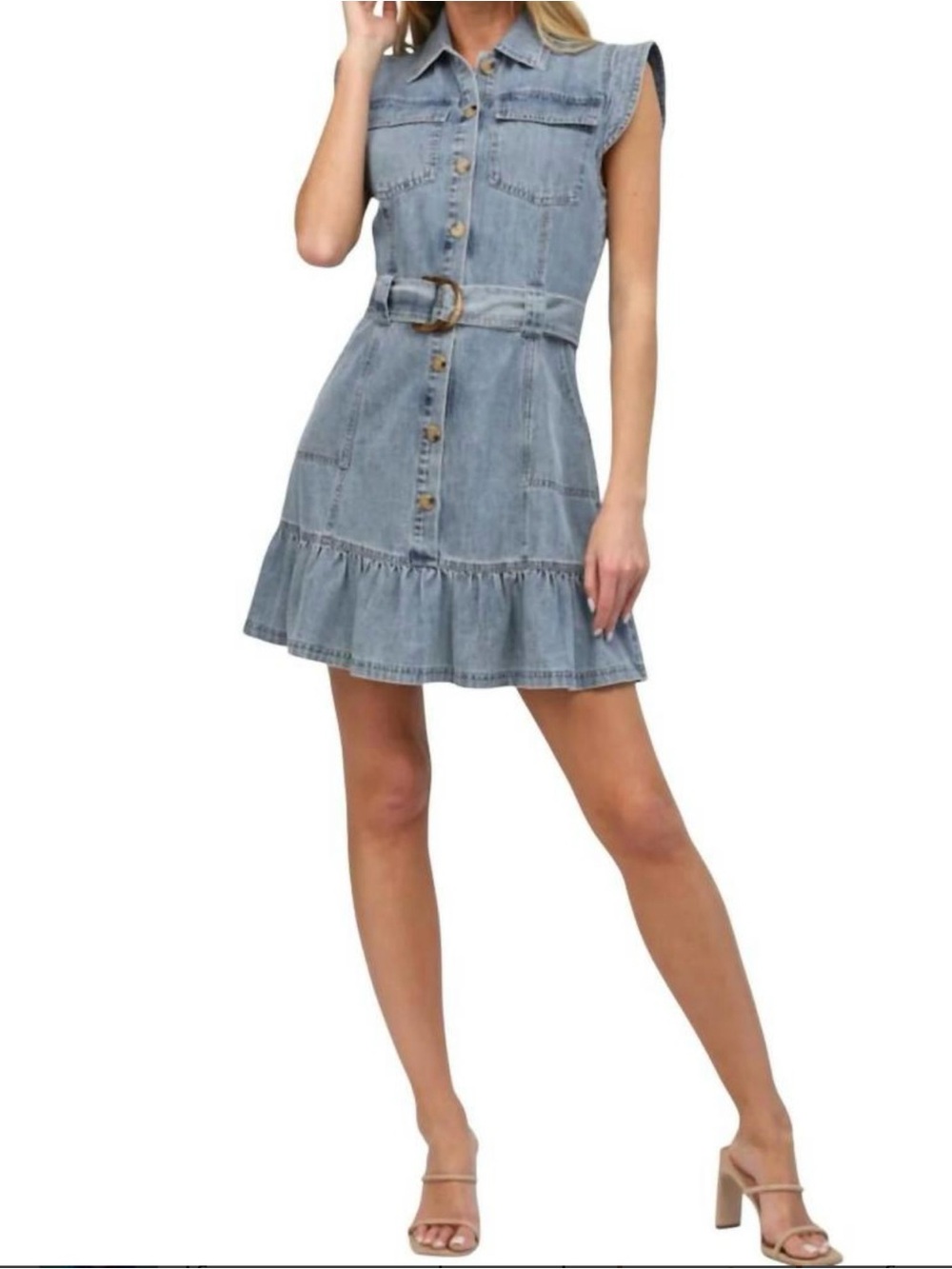 Fate XS Light Blue Denim Button-Front Dress with Belt - Picture 2 of 9